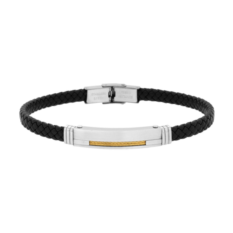 BRACCIALE UOMO IN ECOPELLE INTRECCIATA NERO CON TARGA E FUNE COLORE ORO IN ACCIAIO