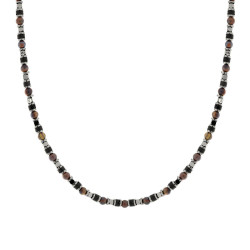 COLLANA CATENA CON ANELLI CUBETTI ANTRACITE E PIETRE NERO E OCCHI DI TIGRE IN ACCIAIO