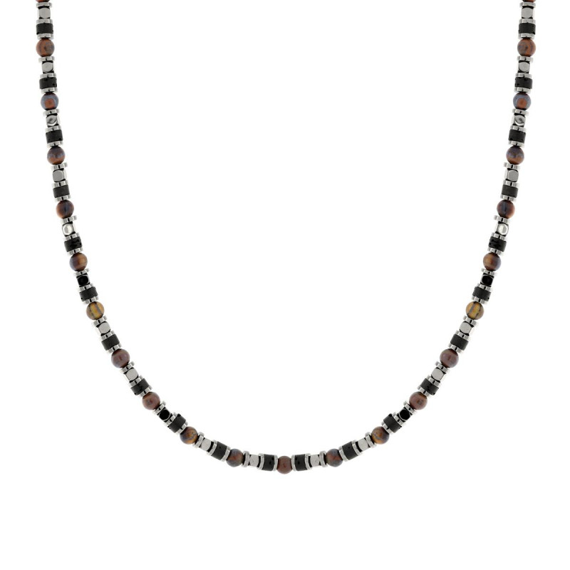 COLLANA CATENA CON ANELLI CUBETTI ANTRACITE E PIETRE NERO E OCCHI DI TIGRE IN ACCIAIO
