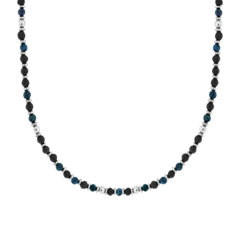 COLLANA CATENA CON ANELLI E PIETRE TONDE BLU IN ACCIAIO