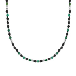COLLANA CATENA CON ANELLI E PIETRE TONDE VERDE MALACHITE IN ACCIAIO