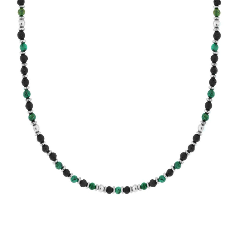 COLLANA CATENA CON ANELLI E PIETRE TONDE VERDE MALACHITE IN ACCIAIO
