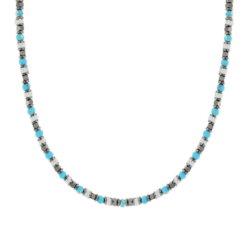 COLLANA CATENA CON ANELLI CUBETTI E PIETRE TURCHESE E BIANCHE IN ACCIAIO