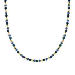 COLLANA CATENA CON ANELLI CUBETTI E PIETRE VERDE MALACHITE E BLU LAPISLAZZULI IN ACCIAIO