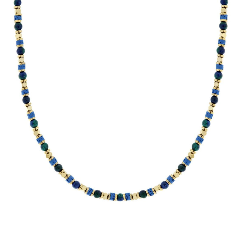 COLLANA CATENA CON ANELLI CUBETTI E PIETRE VERDE MALACHITE E BLU LAPISLAZZULI IN ACCIAIO