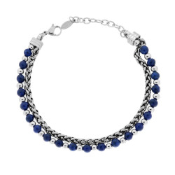 BRACCIALE DUE FILI CATENA SPIGA E PALLINE ATERNATE CON PIETRE COLORE BLU LAPISLAZZULI IN ACCIAIO