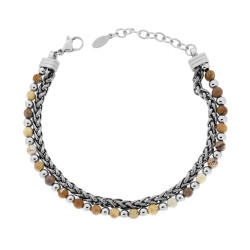 BRACCIALE DUE FILI CATENA SPIGA E PALLINE ATERNATE CON PIETRE COLORE OCCHIO DI TIGRE IN ACCIAIO
