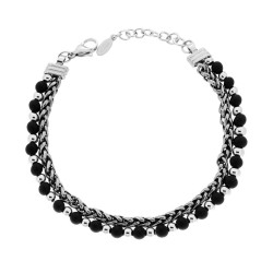 BRACCIALE DUE FILI CATENA SPIGA E PALLINE ATERNATE CON PIETRE COLORE ONICE NERO IN ACCIAIO