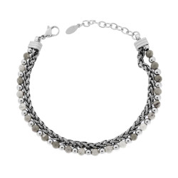 BRACCIALE DUE FILI CATENA SPIGA E PALLINE ATERNATE CON PIETRE COLORE DIASPRO GRIGIO IN ACCIAIO