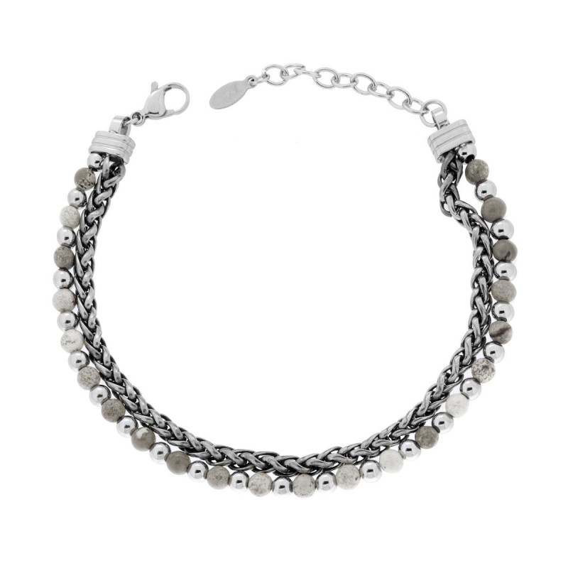 BRACCIALE DUE FILI CATENA SPIGA E PALLINE ATERNATE CON PIETRE COLORE DIASPRO GRIGIO IN ACCIAIO