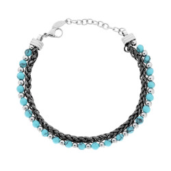 BRACCIALE DUE FILI CATENA SPIGA E PALLINE ATERNATE CON PIETRE COLORE TURCHESE IN ACCIAIO
