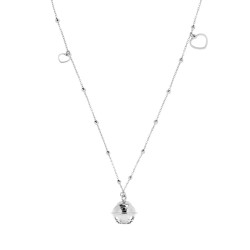 COLLANA CATENA FORZATINA CON PALLINE CUORI PENDENTI E CHIAMA ANGELI IN ACCIAIO