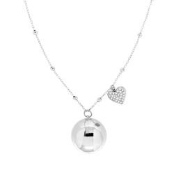 COLLANA CATENA FORZATINA DIAMANTATA CON PALLINE CM 90+5 CON CHIAMA ANGELI E CUORE CON CRYSTAL BIANCHI IN ACCIAIO