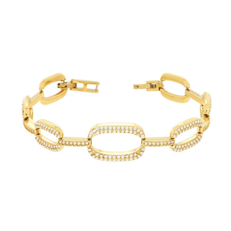 BRACCIALE CATENA CON OVALI E CRYSTAL BIANCHI IN ACCIAIO COLORE ORO