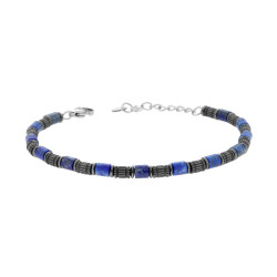 BRACCIALE CATENA CON CILINDRI BRUNITI E PIETRE BLU LAPISLAZZULI IN ACCIAIO