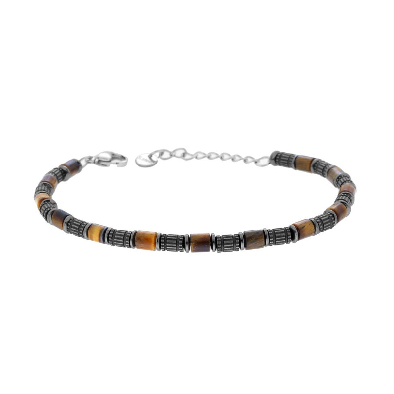 BRACCIALE CATENA CON CILINDRI BRUNITI E PIETRE OCCHIO DI TIGRE IN ACCIAIO