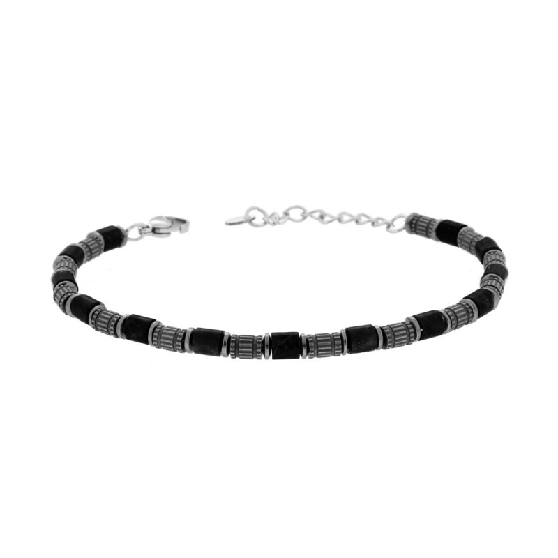 BRACCIALE CATENA CON CILINDRI BRUNITI E PIETRE ONICE NERO IN ACCIAIO