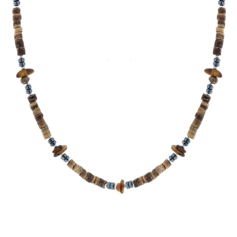 COLLANA CATENA CON PIETRE CILINDRICHE EFFETTO NATURALE E PIETRE EMATITE IN ACCIAIO