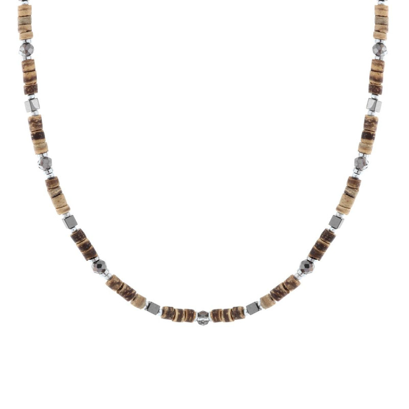 COLLANA CATENA CON PIETRE CILINDRICHE EFFETTO NATURALE E PIETRE EMATITE IN ACCIAIO