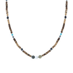COLLANA CATENA CON PIETRE CILINDRICHE EFFETTO NATURALE CON PIETRE EMATITE E TURCHESE IN ACCIAIO