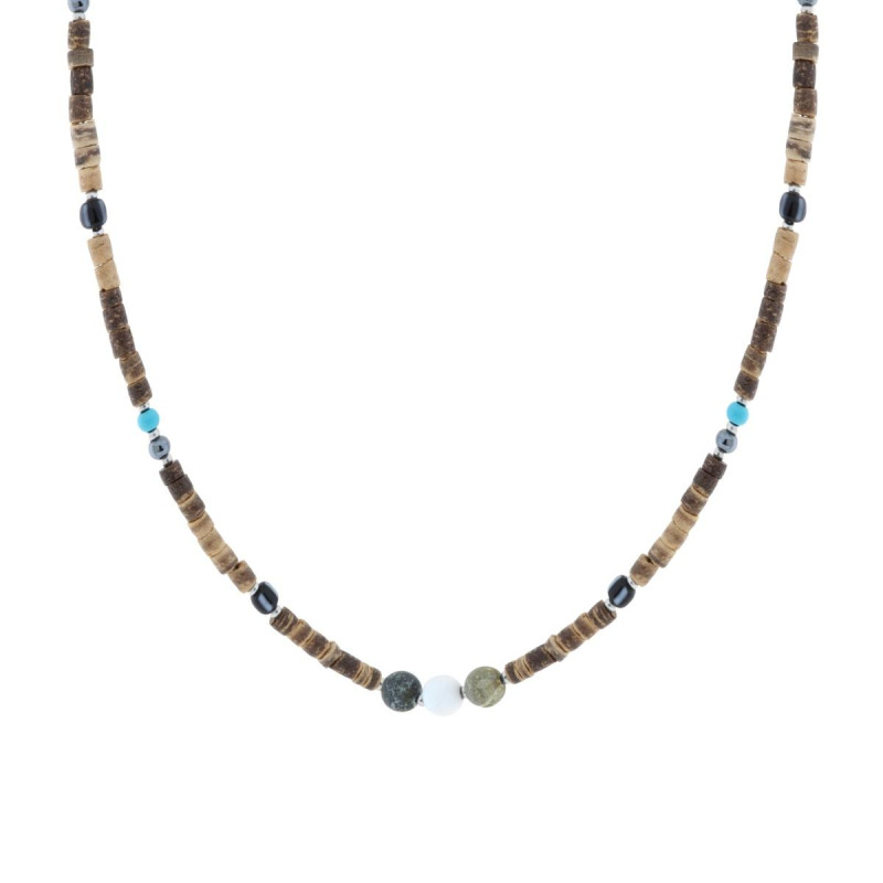 COLLANA CATENA CON PIETRE CILINDRICHE EFFETTO NATURALE CON PIETRE EMATITE E TURCHESE IN ACCIAIO