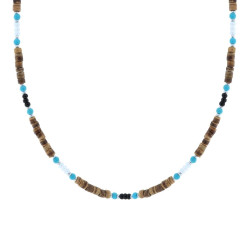 COLLANA CATENA CON PIETRE CILINDRICHE EFFETTO NATURALE CON PIETRE TURCHESE E NERE CON PERLE BIANCHE IN ACCIAIO