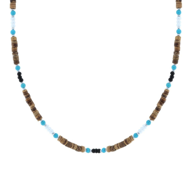 COLLANA CATENA CON PIETRE CILINDRICHE EFFETTO NATURALE CON PIETRE TURCHESE E NERE CON PERLE BIANCHE IN ACCIAIO
