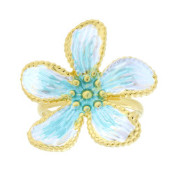 ANELLO FIORE CON SMALTO PERLATO COLORE BIANCO E AZZURRO IN ACCIAIO COLORE ORO