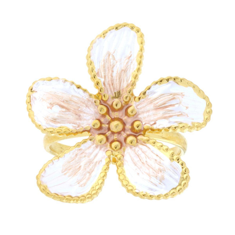 ANELLO FIORE CON SMALTO PERLATO COLORE BIANCO E BRONZO IN ACCIAIO COLORE ORO