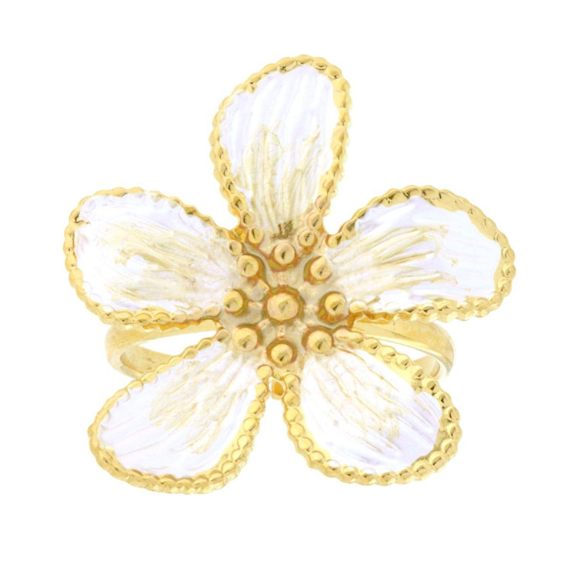 ANELLO FIORE CON SMALTO PERLATO COLORE BIANCO E ORO IN ACCIAIO COLORE ORO