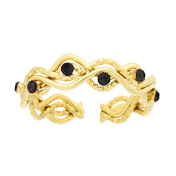 ANELLO FILI ONDULATI CON CRYSTAL NERI IN ACCIAIO COLORE ORO