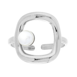 ANELLO CON RETTANGOLO E PERLA BIANCA IN ACCIAIO