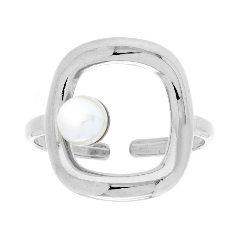 ANELLO CON RETTANGOLO E PERLA BIANCA IN ACCIAIO