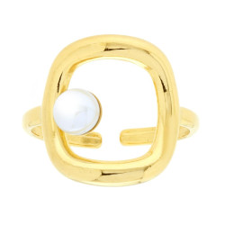 ANELLO CON RETTANGOLO E PERLA BIANCA IN ACCIAIO COLORE ORO