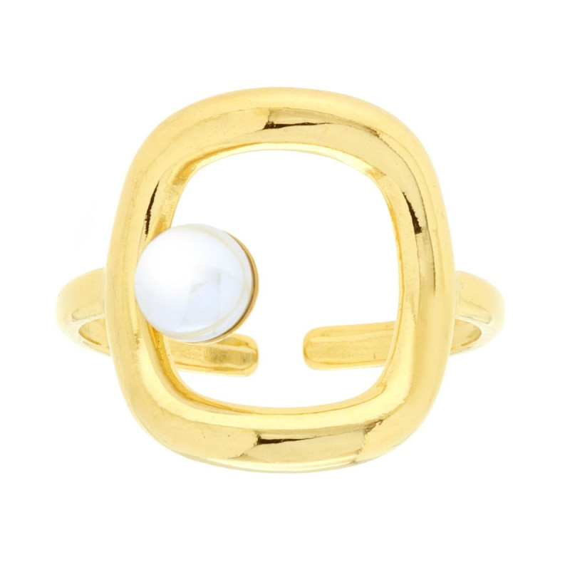ANELLO CON RETTANGOLO E PERLA BIANCA IN ACCIAIO COLORE ORO