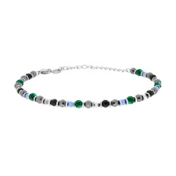 BRACCIALE CATENA CON BULLONCINI ALTERNATI A PIETRE VERDE MALACHITE E MULTICOLOR IN ACCIAIO
