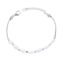 BRACCIALE SEMIRIGIDO CON CANNA DIAMANTATA E CATENA DI PERLE SCARAMAZZA BIANCHE IN ACCIAIO