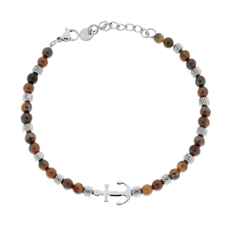 BRACCIALE CATENA CON CILINDRI DIAMANTATI ALTERNATI A PIETRE COLORE OCCHIO DI TIGRE E ANCORA CENTRALE IN ACCIAIO