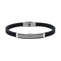 BRACCIALE UOMO IN CAUCCIU PVC NERO CON TARGA E DECORO GEOMETRICO IN ACCIAIO