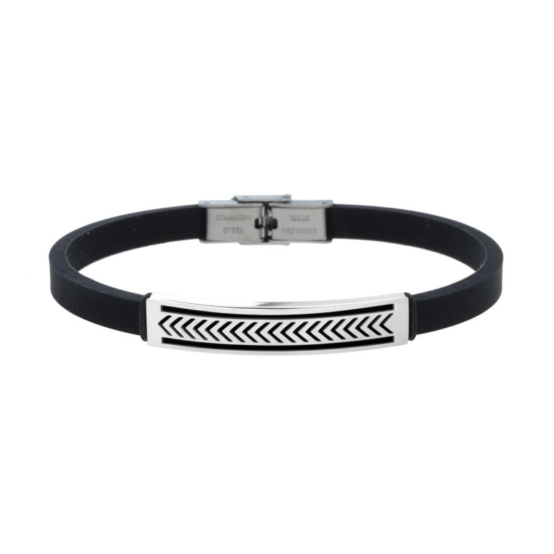 BRACCIALE UOMO IN CAUCCIU PVC NERO CON TARGA E DECORO GEOMETRICO IN ACCIAIO