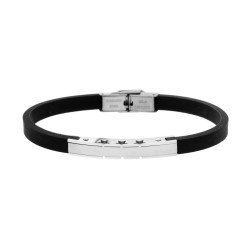 BRACCIALE UOMO IN CAUCCIU PVC NERO CON TARGA E STELLE IN ACCIAIO