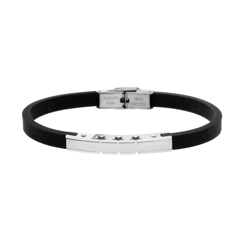 BRACCIALE UOMO IN CAUCCIU PVC NERO CON TARGA E STELLE IN ACCIAIO