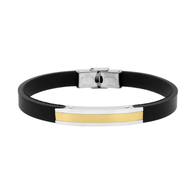 BRACCIALE UOMO IN CAUCCIU PVC NERO CON TARGA COLORE ORO IN ACCIAIO