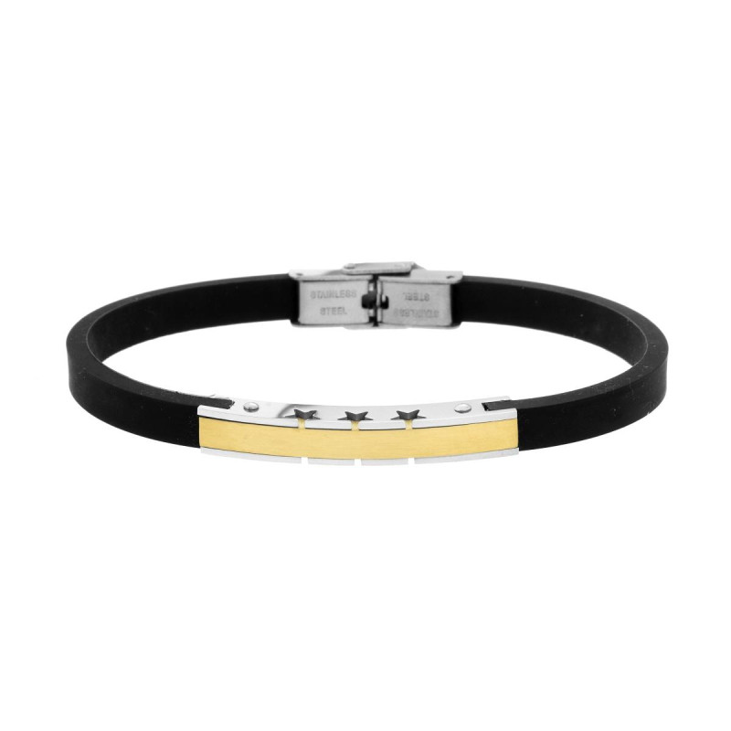 BRACCIALE UOMO IN CAUCCIU PVC NERO CON TARGA COLORE ORO E STELLE IN ACCIAIO