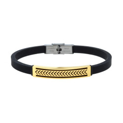 BRACCIALE UOMO IN CAUCCIU PVC NERO CON TARGA COLORE ORO E DECORO GEOMETRICO IN ACCIAIO