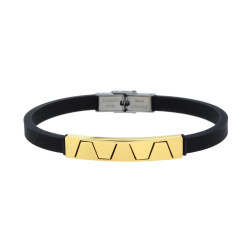BRACCIALE UOMO IN CAUCCIU PVC NERO CON TARGA COLORE ORO E DECORO GEOMETRICO IN ACCIAIO
