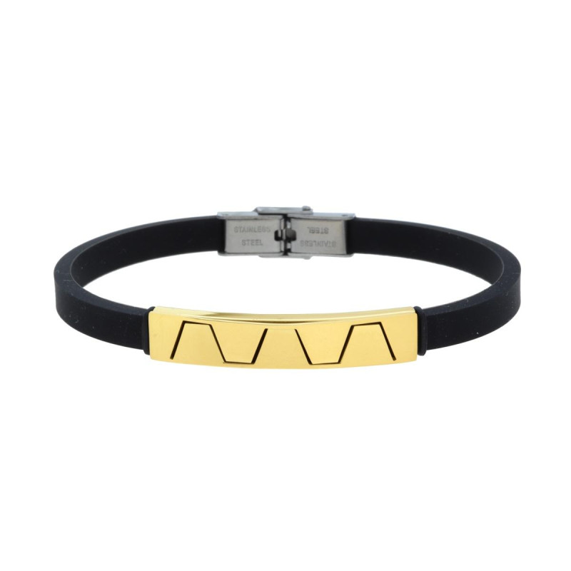 BRACCIALE UOMO IN CAUCCIU PVC NERO CON TARGA COLORE ORO E DECORO GEOMETRICO IN ACCIAIO