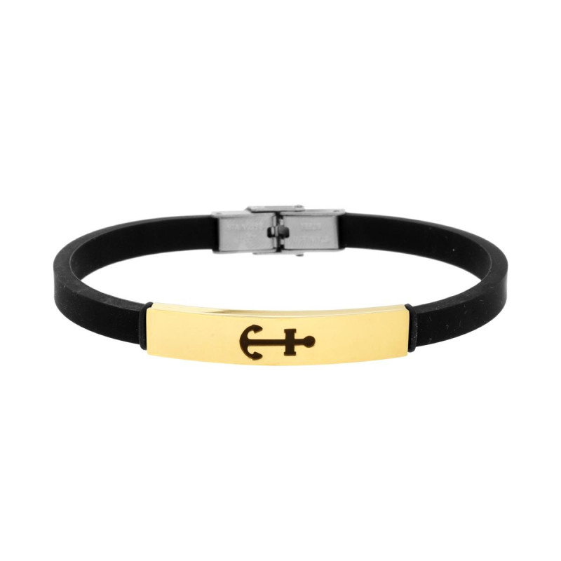 BRACCIALE UOMO IN CAUCCIU PVC NERO CON TARGA COLORE ORO E ANCORA IN ACCIAIO