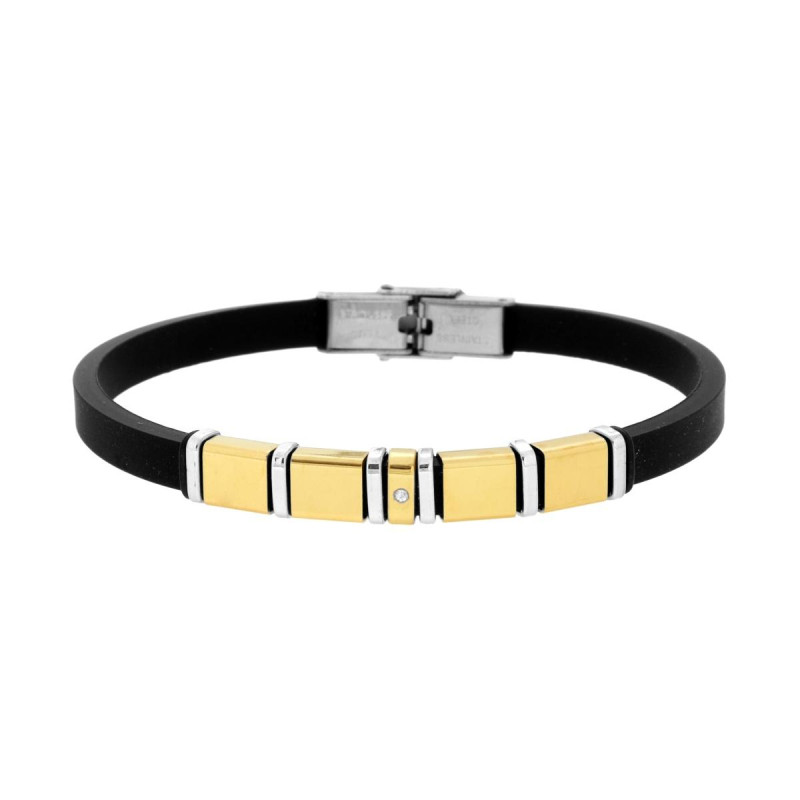BRACCIALE UOMO IN CAUCCIU PVC NERO CON ACCESSORI COLORE ORO E CRYSTAL BIANCO IN ACCIAIO