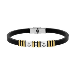BRACCIALE UOMO IN CAUCCIU PVC NERO CON ACCESSORI COLORE ORO CON ANCORE E CRYSTAL BIANCO IN ACCIAIO